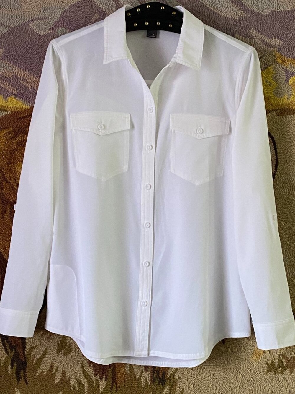 Eddie Bauer Womens White Sz S Button Up Shirt Roll Up Long Sleeve Pockets